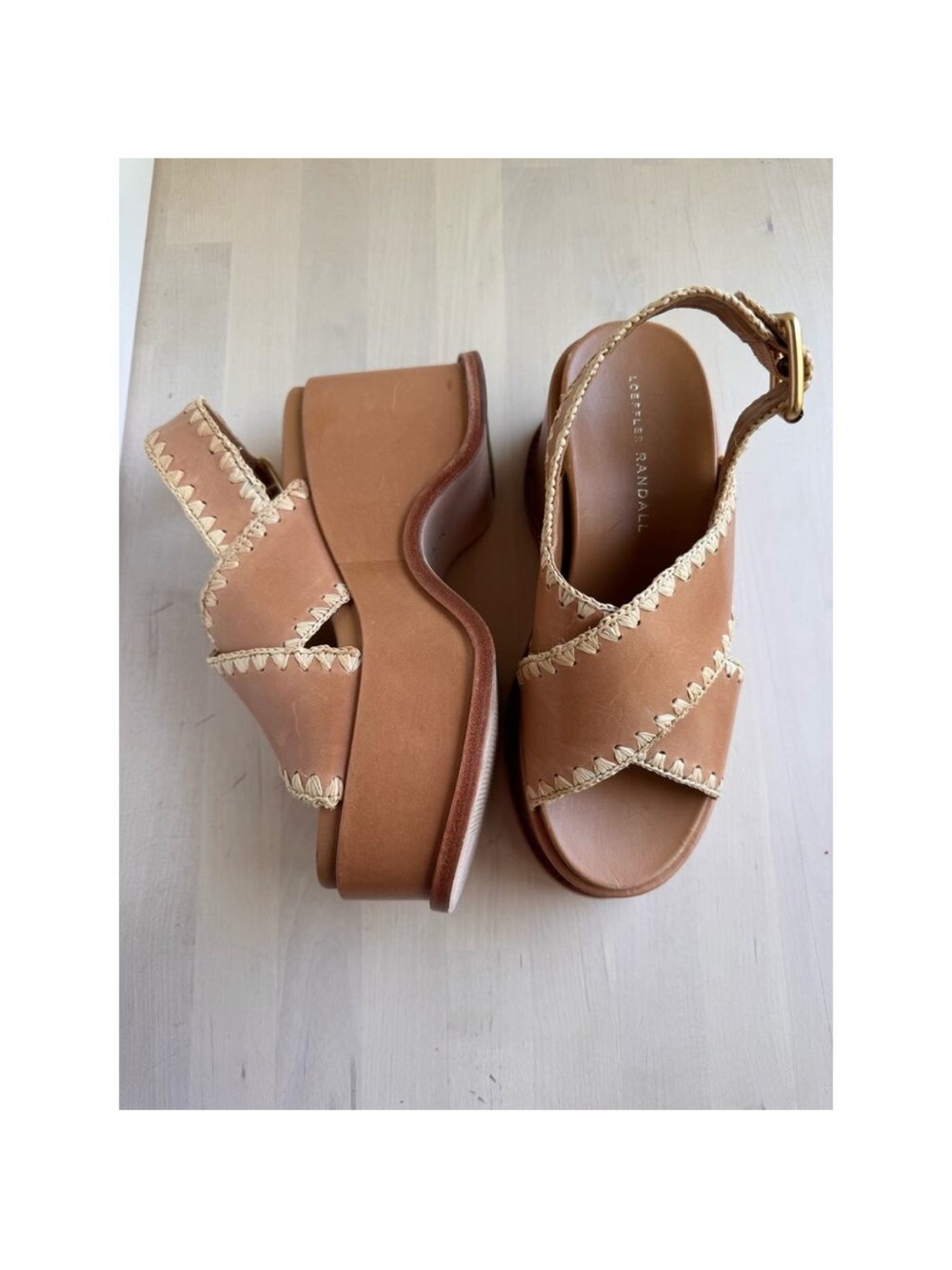Loeffler Randall Tan Platform Slingback Sandals with Cream Trim VERY COMFORTABLE